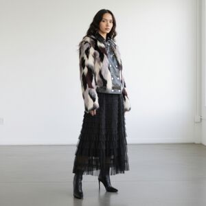 Black Gray Faux Rabbit Fur Jacket Sz Small Patent Leather Indie Sleaze Mob Wife